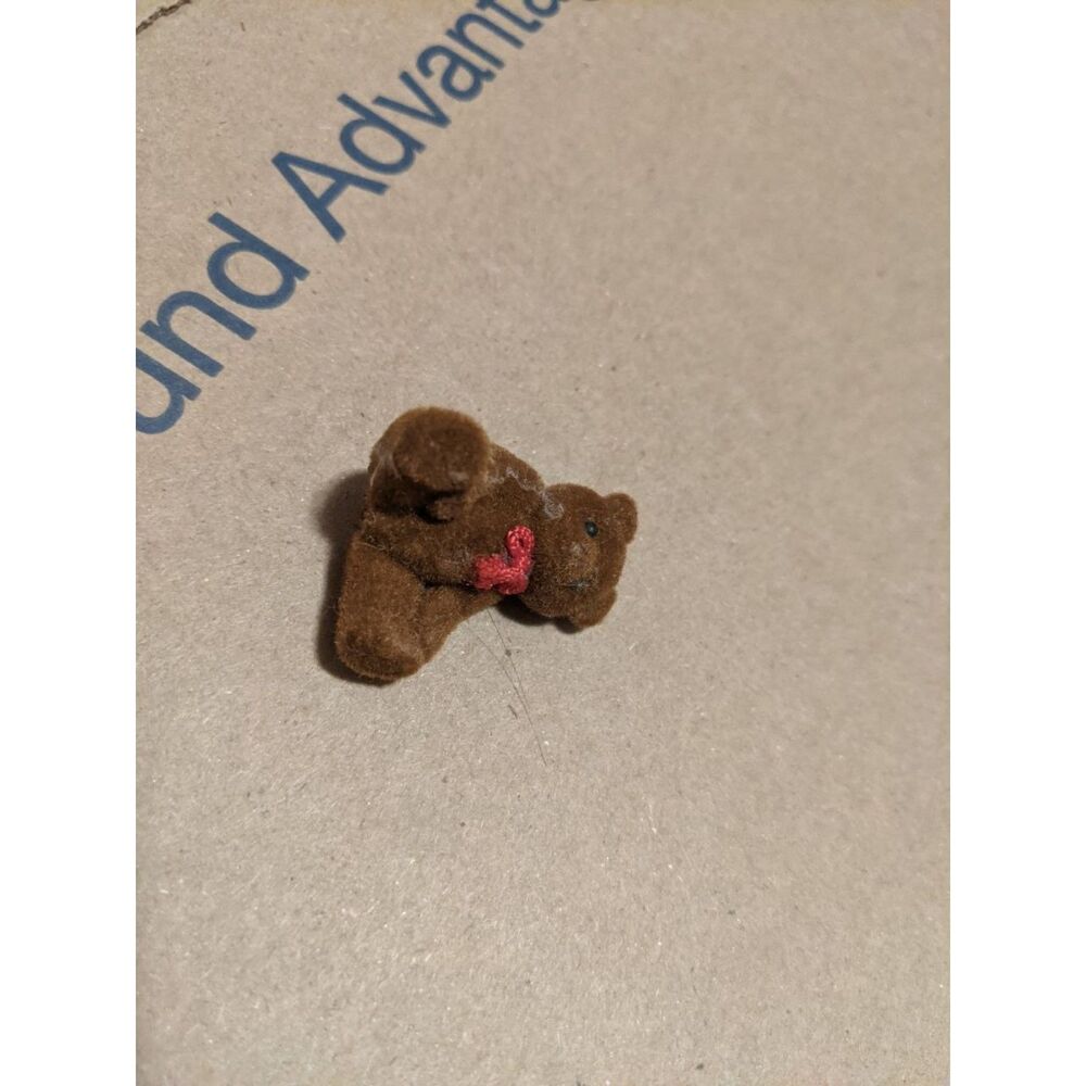 Vintage Miniature Brown Flocked Teddy Bear Tiny Figurine Red Bow